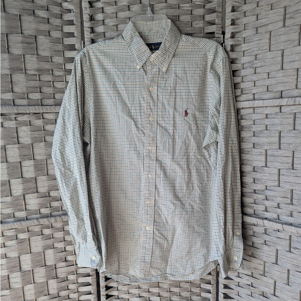 Ralph Lauren Tattersall Check Button Down Shirt Teal Brown White Mens Sz Med